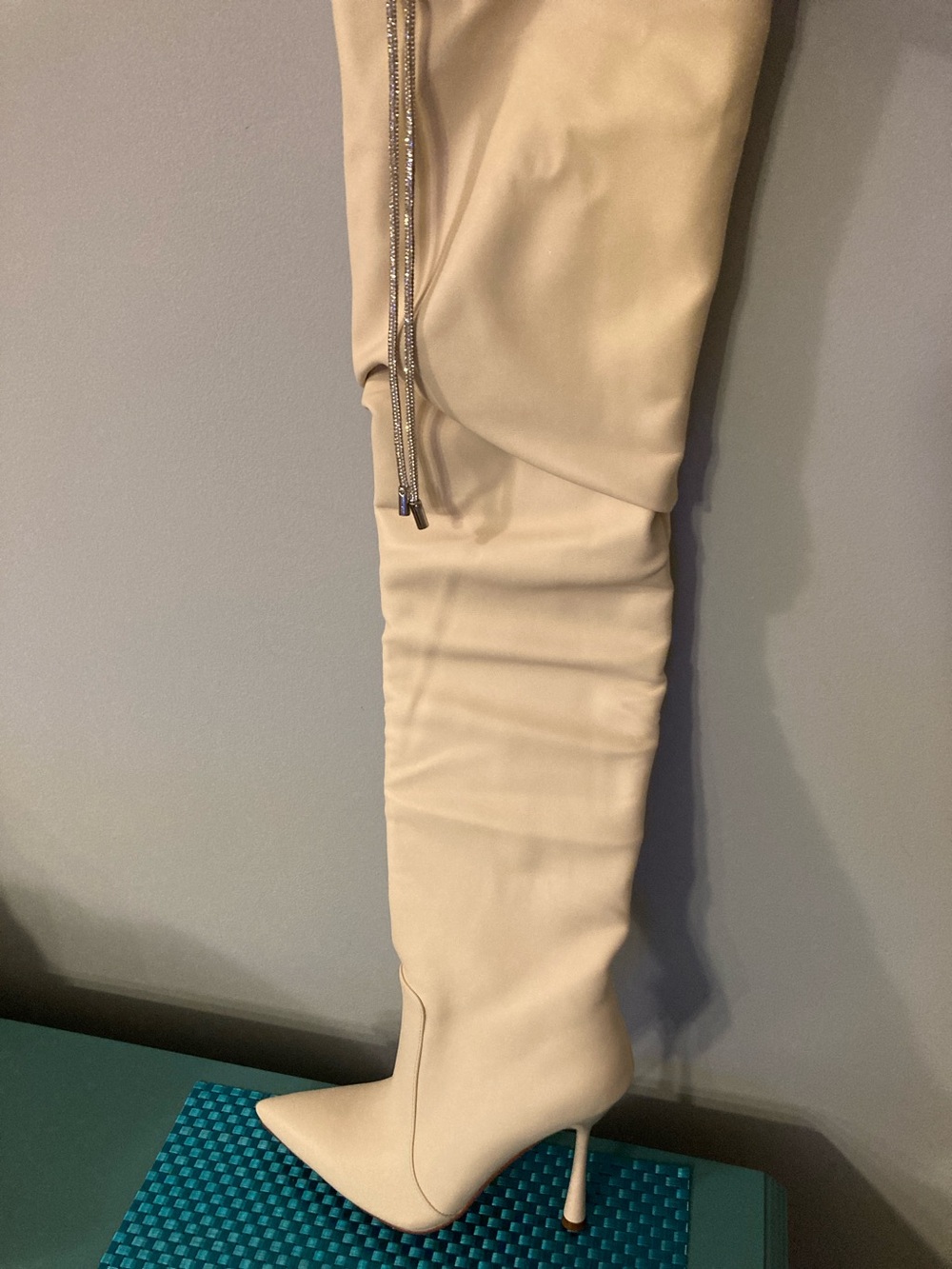 Cream Slouchy Over-the-Knee Stiletto Boots Faux Leather Women Size 8.5
